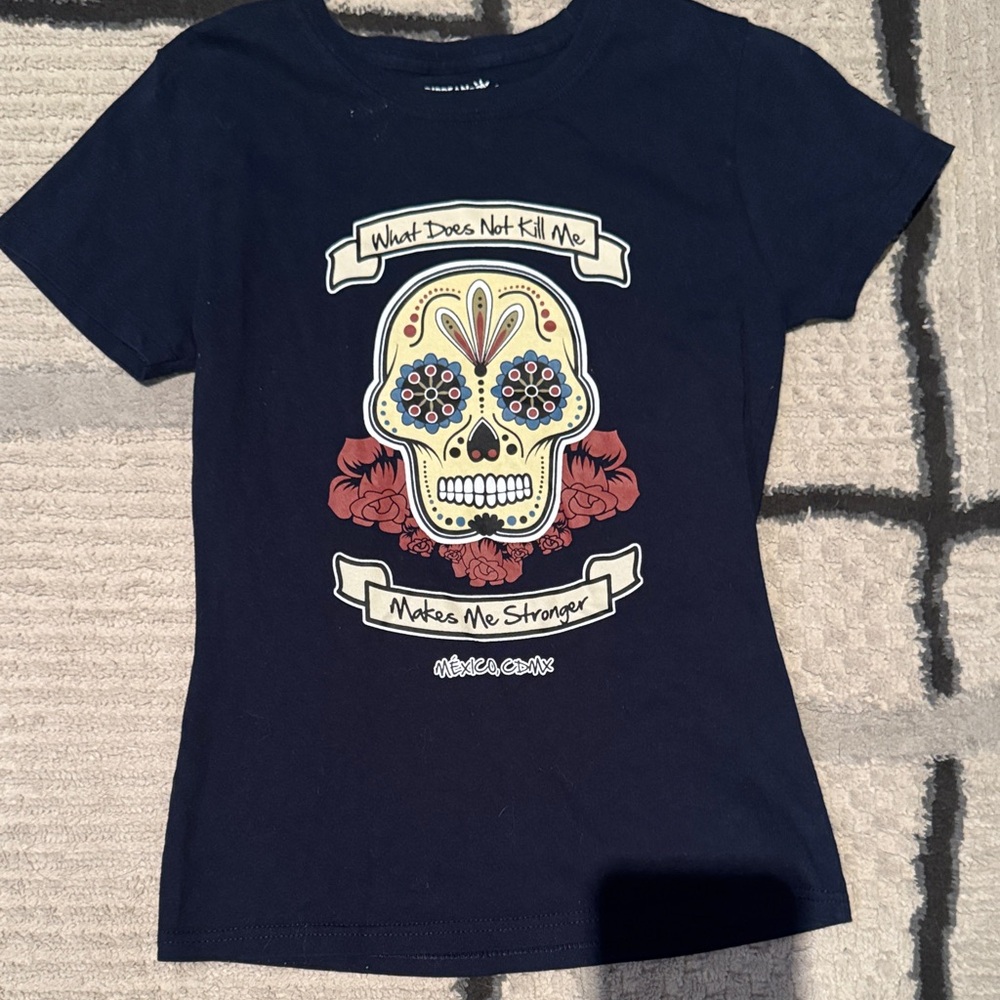 Caribbean Navy Sugar Skull Graphic Tee with Red Floral Accents